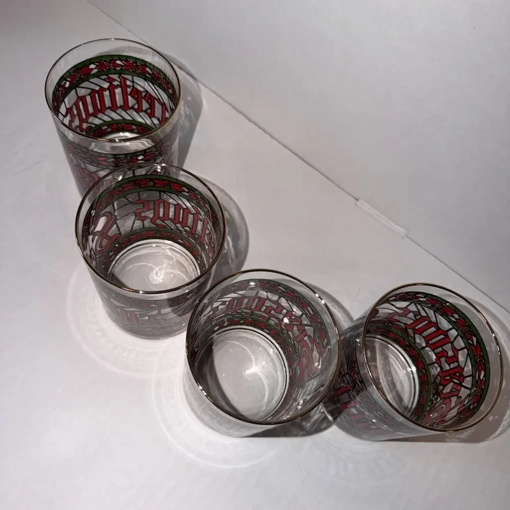 Set 4 Houze Merry Christmas Double Old Fashioned Glasses Stained Glass MCM